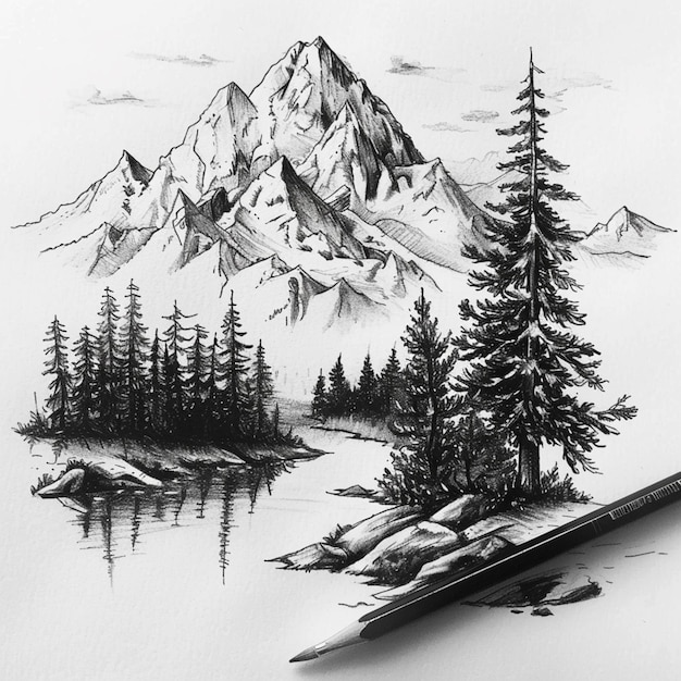 Photo pencil drawing of a mountain scene with a lake and pine trees generative ai