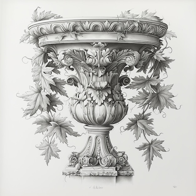 Photo a pencil drawing of an ornate stand adorned with climbing engraved ornament leaves