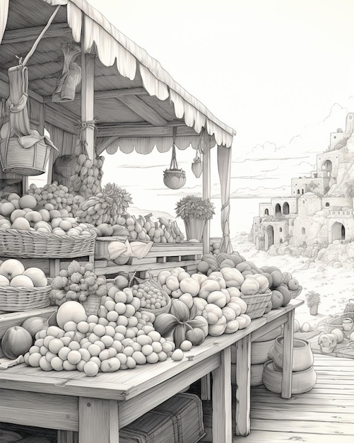 Pencil Drawing of Outdoor Market