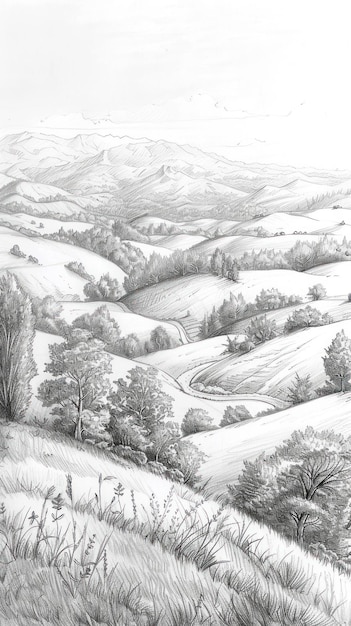 Photo pencil drawing of a rolling landscape with distant mountains