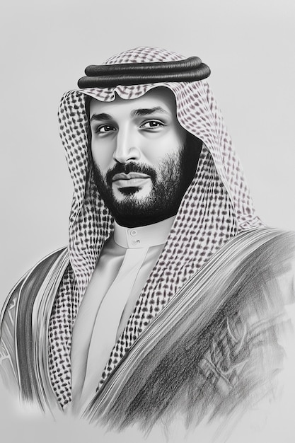 Photo pencil drawing of saudi prince mohammed bin salman in black and white sketch of simple vintage lines