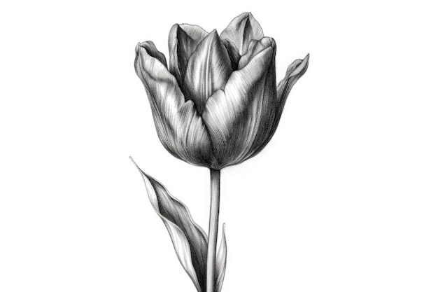 Pencil drawing of a tulip with a leaf on it.