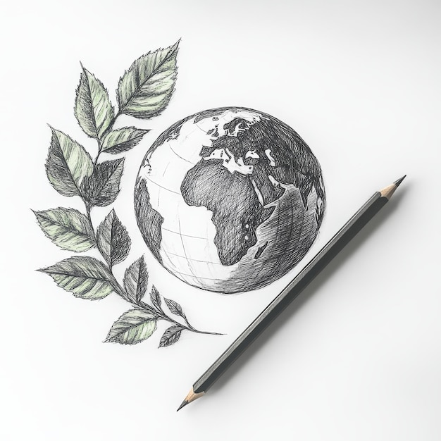 Photo a pencil drawing of a world with a tree growing out of it