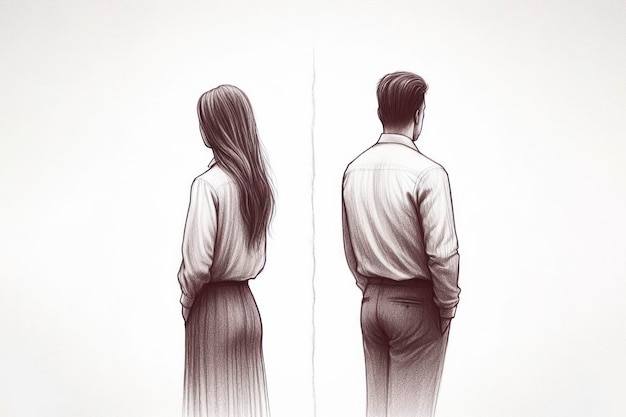 pencil drawn man and woman stand with their backs to each other divorce concept on white background