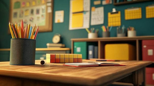 Photo a pencil holder sits on a desk with a pencil and a pencil in it