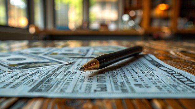 a pencil is on a table with a paper with the word financial written on it