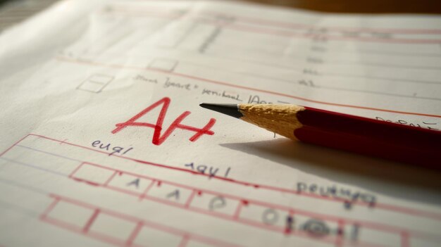 A pencil lies next to a test paper marked with an A grade