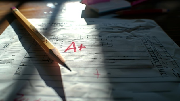 Photo a pencil lies next to a test paper marked with an a grade