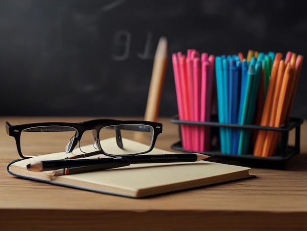 a pencil and pencils are on a table with a blackboard behind them