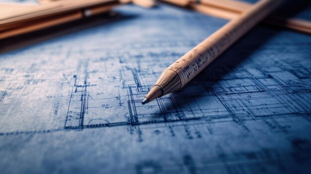 Photo a pencil resting on architectural blueprints for design purposes