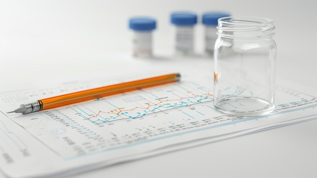 Photo a pencil rests on a chart with empty glass vials in the background the scene suggests scientific research or analysis