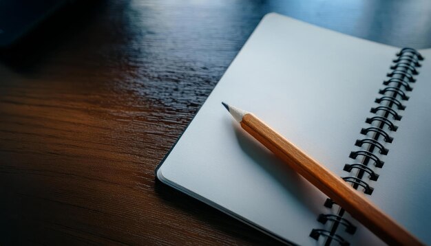 Photo a pencil rests on an open notebook on a wooden table