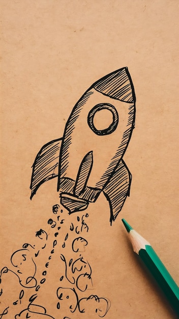 Pencil and rocket sketch over textured paper concept of back to school creativity and success