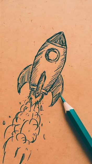 Photo pencil and rocket sketch over textured paper concept of back to school creativity and success