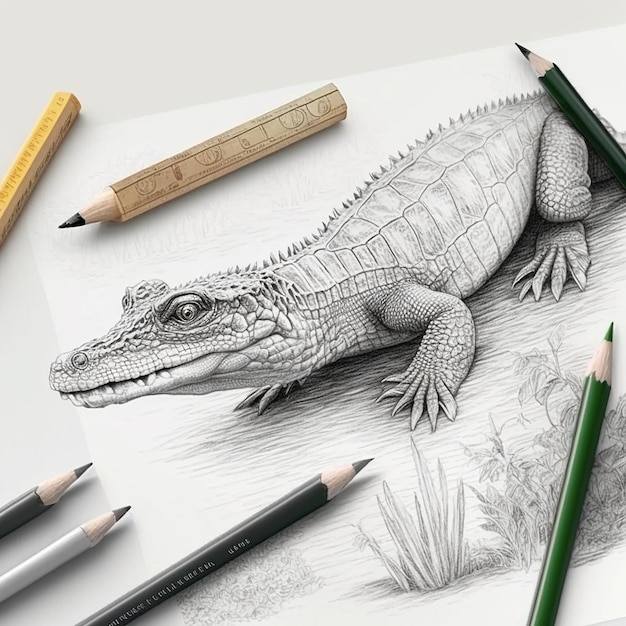 Pencil sketch cute crocodile animal drawing AI Generated