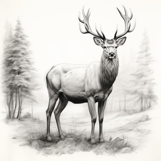 Pencil sketch deer standing natural image Generative AI