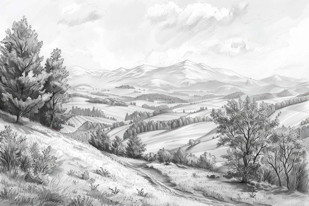 Photo a pencil sketch depicting a rolling hilly landscape with trees and a mountain in the distance