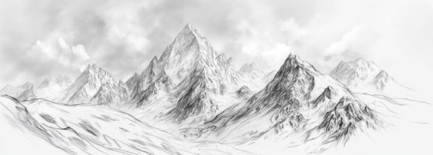 A pencil sketch depicting a snowcovered mountain range against a cloudy sky