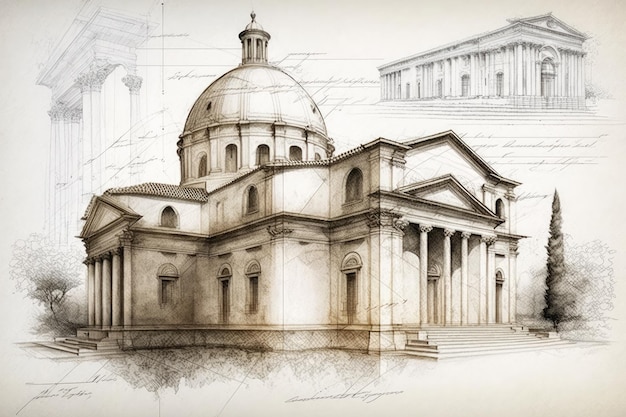 Pencil sketch drawing of Roman building architecture and city landmark