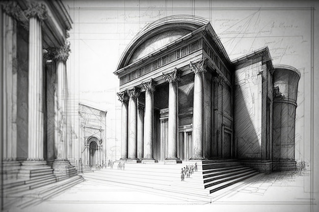 Pencil sketch drawing of Roman building architecture and city landmark