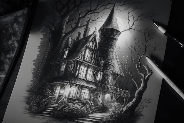 Pencil sketch of gothic house with spooky details and shadows against the night sky