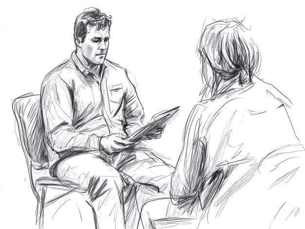 Pencil sketch of a professional meeting between two individuals sitting on chairs