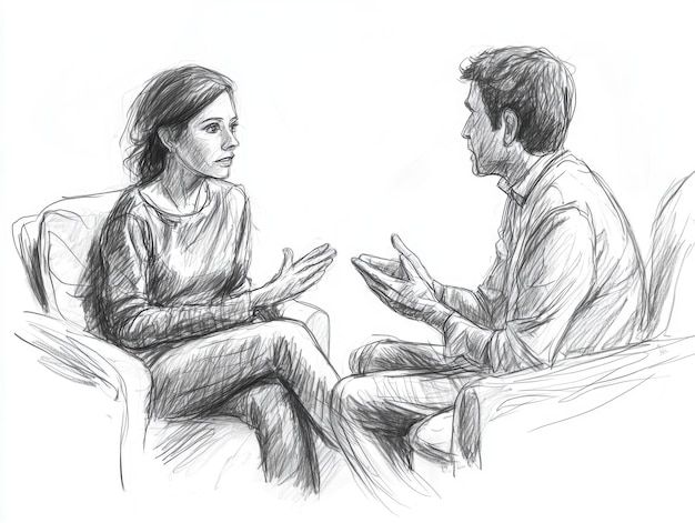 Pencil sketch of two people having a serious conversation