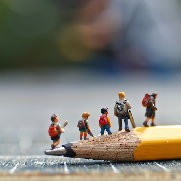 a pencil with a group of figures on it and one has a pencil in the middle