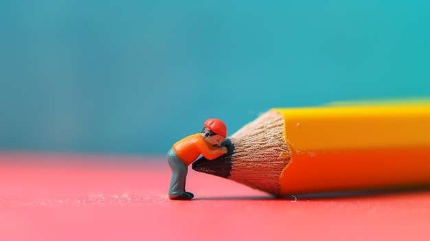 a pencil with a man in a red hat is on a red table