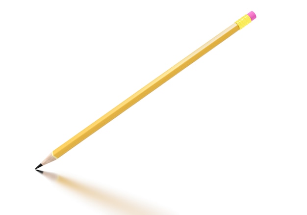 Pencil with pink rubber with reflection isolated on white background