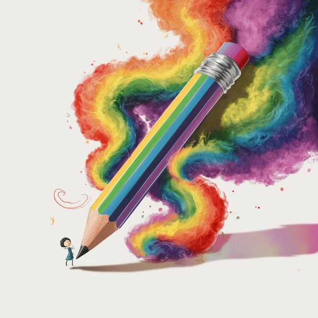 a pencil with a rainbow colored paint and a drawing of a person with a pencil