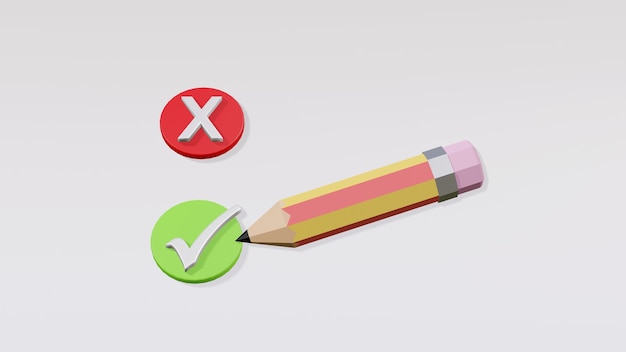 Pencil with tick or check and cross icon isolated on white background, wright and wrong decision, minimal design, feedback and survey concept, 3d rendering illustration