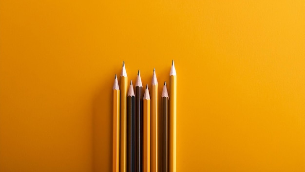 pencils are lined up in a row on a yellow background