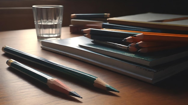 pencils pens and textbooks on the table school supplies