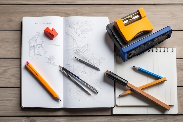 Pencils and sharpener near notebook