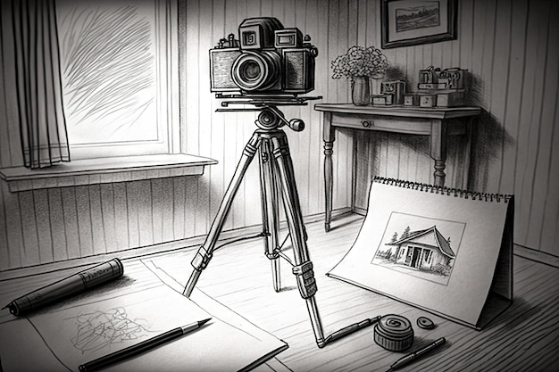 Pencilsketch of vintage camera and tripod in attic created with generative ai