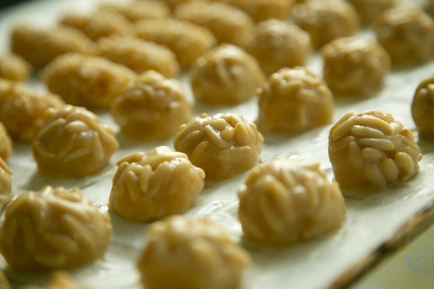 Penellets. Small sweets of various shapes, made from almond and potato dough.