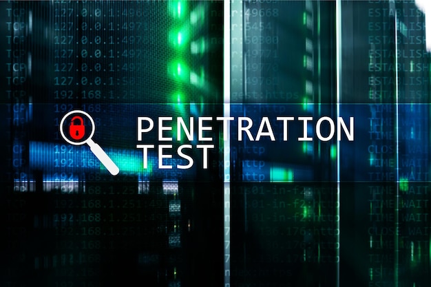 Photo penetration test cybersecurity and data protection hacker attack prevention futuristic server room on background