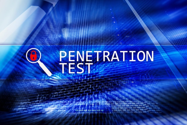 Penetration test Cybersecurity and data protectionHacker attack prevention Futuristic server room on background