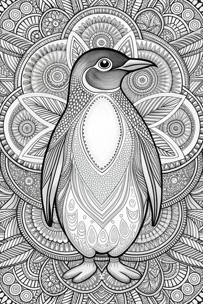 Penguin Animal Mandala Coloring Page for Adults Clean Line Art with Mandala Background