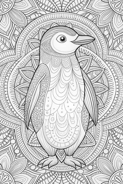 Penguin Animal Mandala Coloring Page for Adults Clean Line Art with Mandala Background