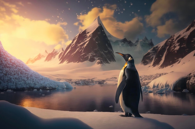 Penguin on the backdrop of snowy mountains in Antarctica at sunrise