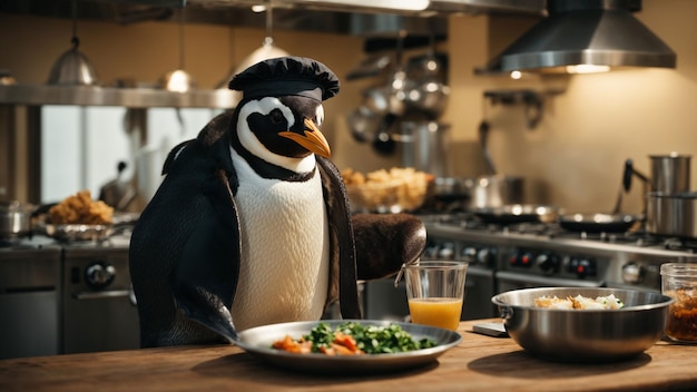 A penguin in a chefs hat cooking a gourmet meal in a kitchen