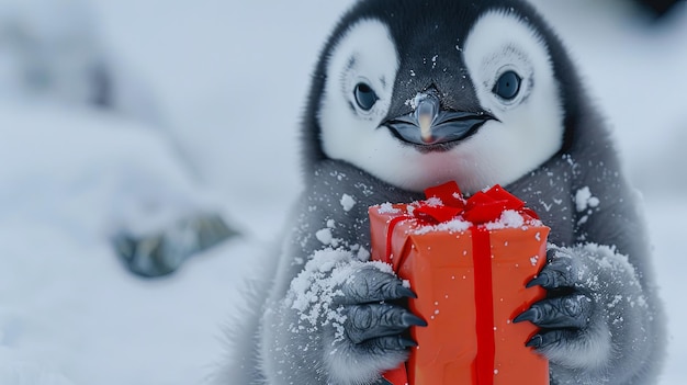 Photo penguin chick with a vibrant red gift box in snow