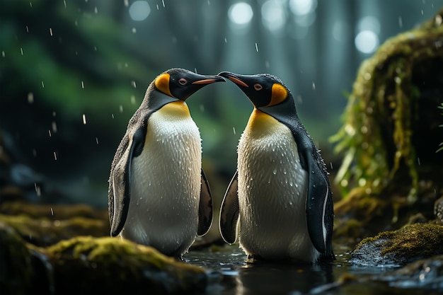 Penguin couple cuddling in soft nature