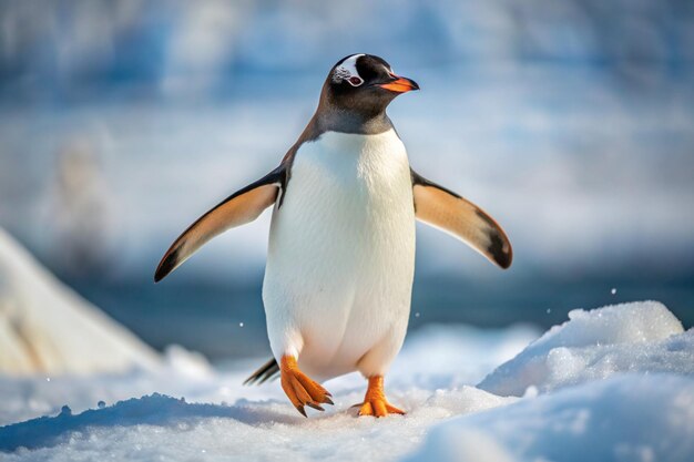 Penguin cute Gentoo Penguin Pygoscelis papua waddling on snow on Antarctic Peninsula