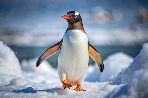 Penguin cute Gentoo Penguin Pygoscelis papua waddling on snow on Antarctic Peninsula