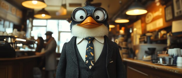 Photo penguin dressed in a suit and tie standing confidently in a busy coffee shop