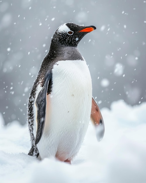 the Penguin Gentoo standing on ice in snow fall