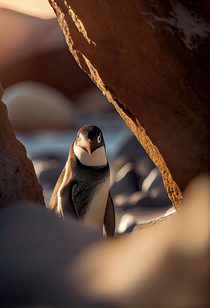 Penguin hiding behind a rock on the beach generative ai